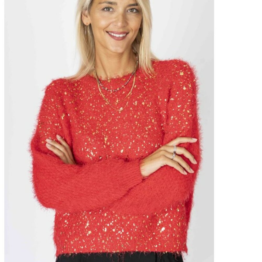NWT Look Mode Fluffy Sweater With Shimmer On Front In Red